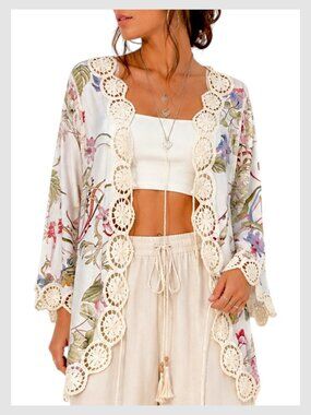 Ana & Rose Kimono Cardigan Ivory Floral Crochet Size L